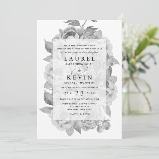 Vintage Schwarz-Weiß-Blumen-Hochzeit Einladung (Stehend Vorderseite)