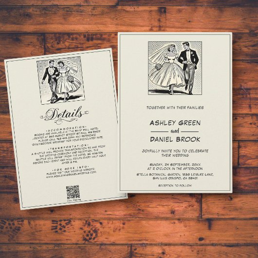 Vintage Schwarz-Weiß-Braut Groom Comic Hochzeit Einladung