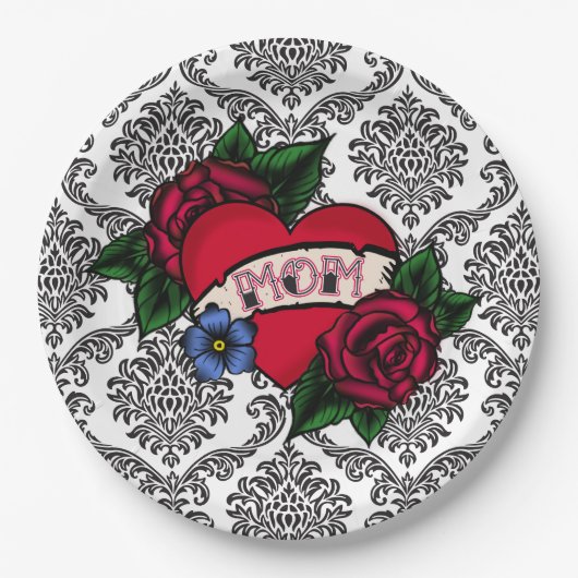 Vintage Schwarz-Weiß-Damask Mutter Papier Teller (Vorderseite)