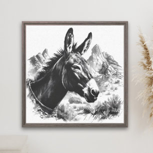 Vintage Schwarz-Weiß-Esel Western-Wandkunst Leinwanddruck