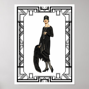 Vintage Schwarz-Weiß-Flapper-Illustration Poster