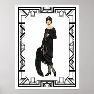 Vintage Schwarz-Weiß-Flapper-Illustration Poster