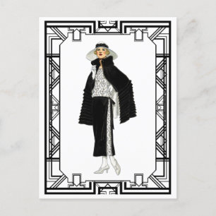 Vintage Schwarz-Weiß-Flapper-Modekunst Postkarte