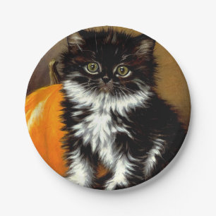 Vintage Schwarz-Weiß-Halloween-Katze Pappteller