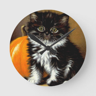 Vintage Schwarz-Weiß-Halloween-Katze Runde Wanduhr