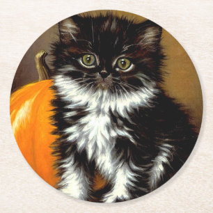 Vintage Schwarz-Weiß-Halloween-Katze Runder Pappuntersetzer