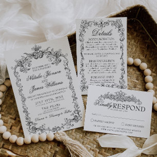 Vintage Schwarz-Weiß Hochzeit im Stil des alten Ge Einladung