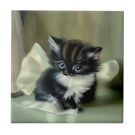 Vintage Schwarz-Weiß-Kätzchen-Stickerei Fliese (Vorderseite)