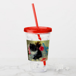 Vintage Schwarz-Weiß-Kittenmalerei Acryltrinkbecher