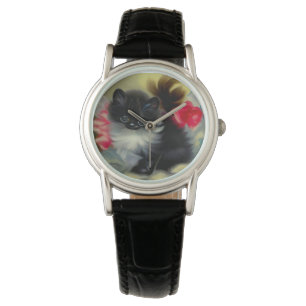 Vintage Schwarz-Weiß-Kittenmalerei Armbanduhr