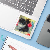 Vintage Schwarz-Weiß-Kittenmalerei Aufkleber (Laptop mit iPhone)