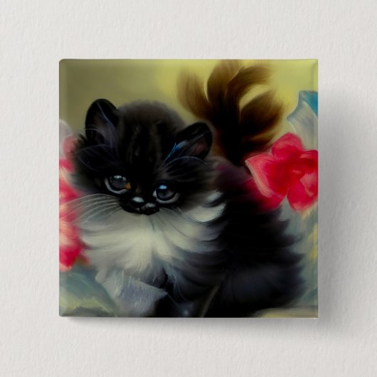 Vintage Schwarz-Weiß-Kittenmalerei Button (Vorderseite)
