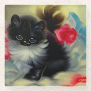 Vintage Schwarz-Weiß-Kittenmalerei Glasuntersetzer