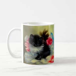 Vintage Schwarz-Weiß-Kittenmalerei Kaffeetasse