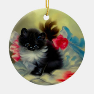 Vintage Schwarz-Weiß-Kittenmalerei Keramik Ornament