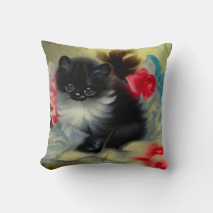 Vintage Schwarz-Weiß-Kittenmalerei Kissen