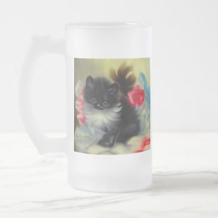 Vintage Schwarz-Weiß-Kittenmalerei Mattglas Bierglas