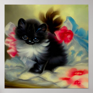 Vintage Schwarz-Weiß-Kittenmalerei Poster