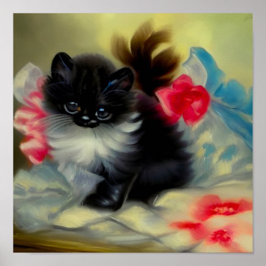 Vintage Schwarz-Weiß-Kittenmalerei Poster (Vorne)