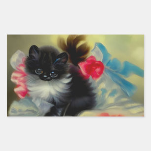 Vintage Schwarz-Weiß-Kittenmalerei Rechteckiger Aufkleber