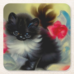 Vintage Schwarz-Weiß-Kittenmalerei Rechteckiger Pappuntersetzer