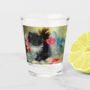 Vintage Schwarz-Weiß-Kittenmalerei Schnapsglas