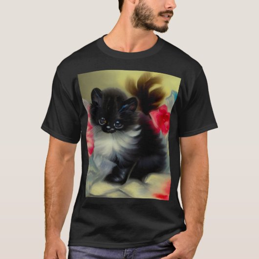 Vintage Schwarz-Weiß-Kittenmalerei T-Shirt (Vorderseite)