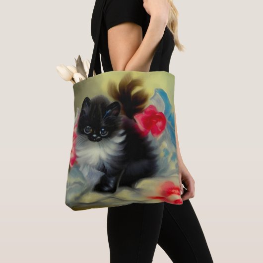 Vintage Schwarz-Weiß-Kittenmalerei Tasche (Von Nahem)