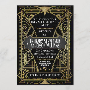 Vintage Schwarz-Weiß-Kunst-Déco Hochzeit Einladung