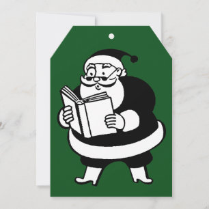 Vintage Schwarz-Weiß-Lesender Weihnachtsmann Grüne Feiertagskarte