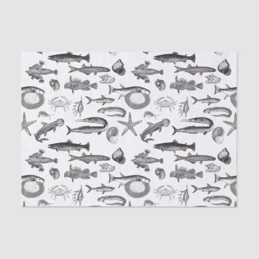 Vintage Schwarz-Weiß-Linien Kunst, Meer Seidenpapier (Vorderseite)