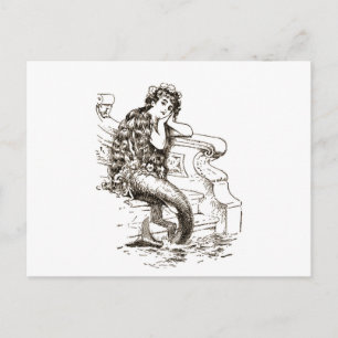 Vintage Schwarz-Weiß-Meerjungfrau-Zeichnung Postkarte