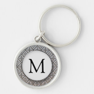 Vintage Schwarz-Weiß-Muster-Monogramm Schlüsselanhänger