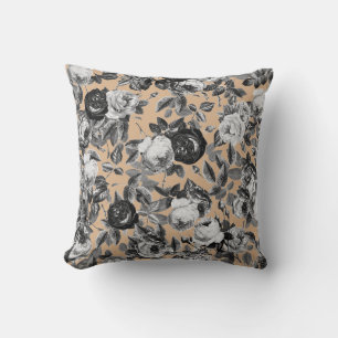 Vintage Schwarz-Weiß-Rosen auf Tan Floral Kissen