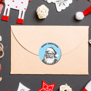 Vintage Schwarz-Weiß-Santa-Babyblau Runder Aufkleber