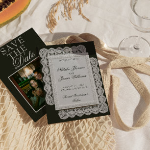 Vintage Schwarz-Weiß-Spitze Foto Fancy Hochzeit Save The Date