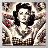 Vintage Schwarz-Weiß-Tätowierte Pin-up-Zeichnung Poster (Vorne)