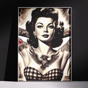 Vintage Schwarz-Weiß-Tätowierte Pin-up-Zeichnung Poster