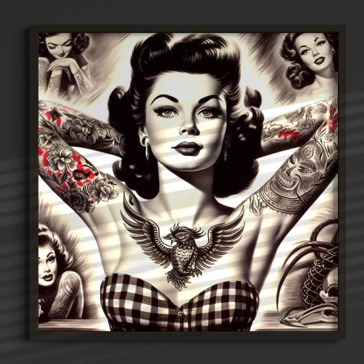 Vintage Schwarz-Weiß-Tätowierte Pin-up-Zeichnung Poster