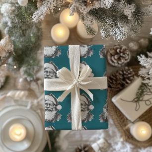 Vintage Schwarz-Weiß-Weihnachtsmann auf Türkis Geschenkpapier