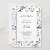 Vintage Schwarz-weiße Hochzeit mit Flora Einladung (Vorderseite)