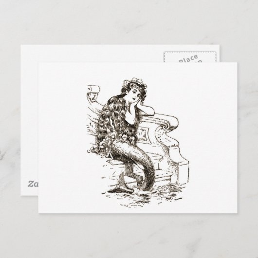 Vintage Schwarz-weiße Meerjungfrau Zeichnend Postkarte (Vorne/Hinten)