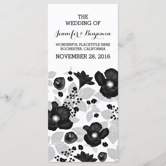 Vintage Schwarze Blume verrichten Hochzeitsprogram Programm (Vorderseite)