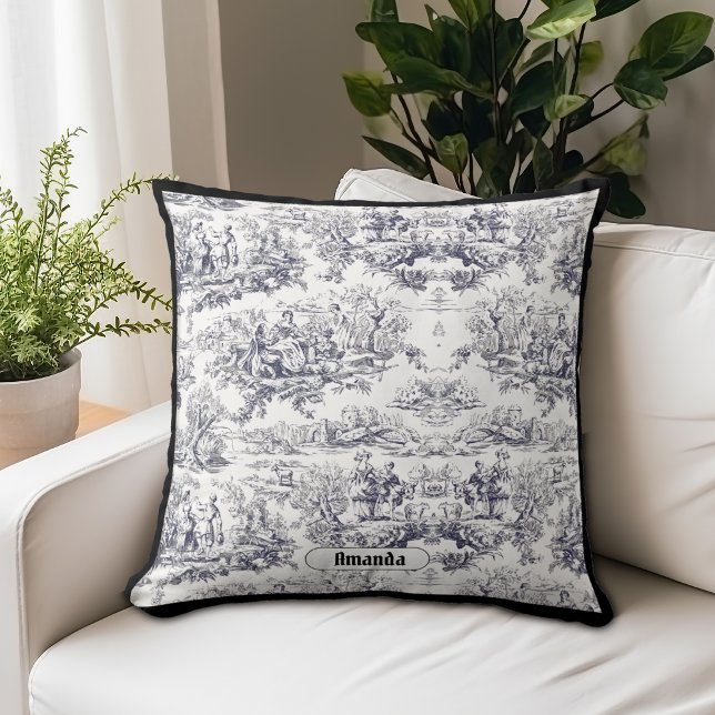 Vintage schwarze Blütentoile de jouy monogram Kissen (Von Creator hochgeladen)