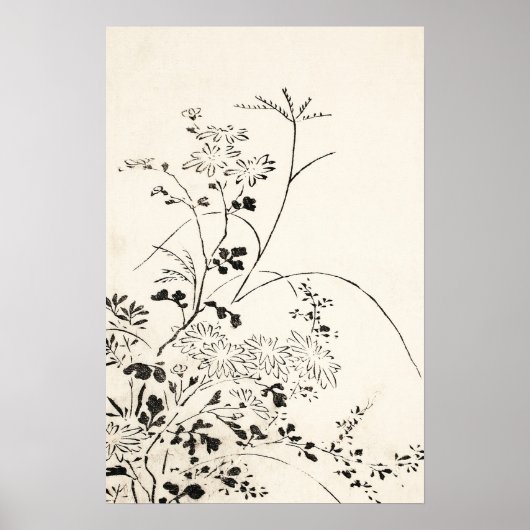 Vintage Schwarze Flora Sketch Poster (Vorne)