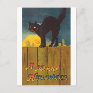 Vintage-Schwarze Katze auf einem Zaun Halloween-Gr Postkarte