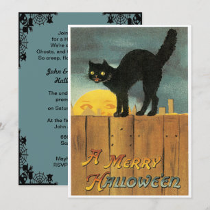 Vintage schwarze Katze auf einem ZaunHalloween Einladung