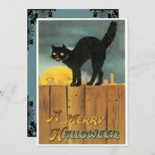 Vintage schwarze Katze auf einem ZaunHalloween Einladung