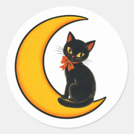 Vintage Schwarze Katze auf Halbmond Halloween Runder Aufkleber
