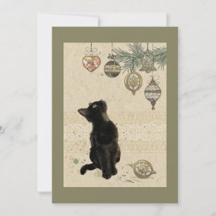 Vintage schwarze Katze betrachtet Ornamente Feiertagskarte